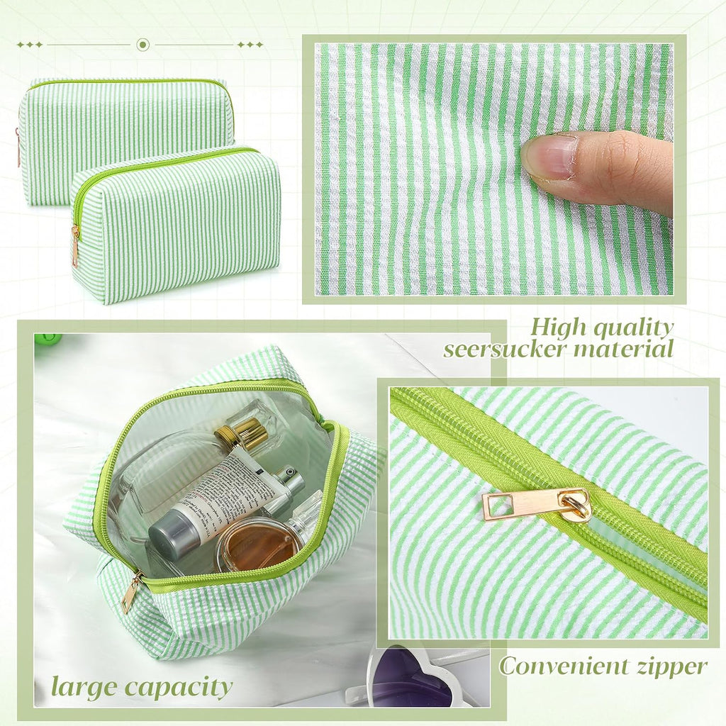 Sanwuta 6 Pcs Seersucker Cosmetic Bags Bulk, Striped Zippered,Green