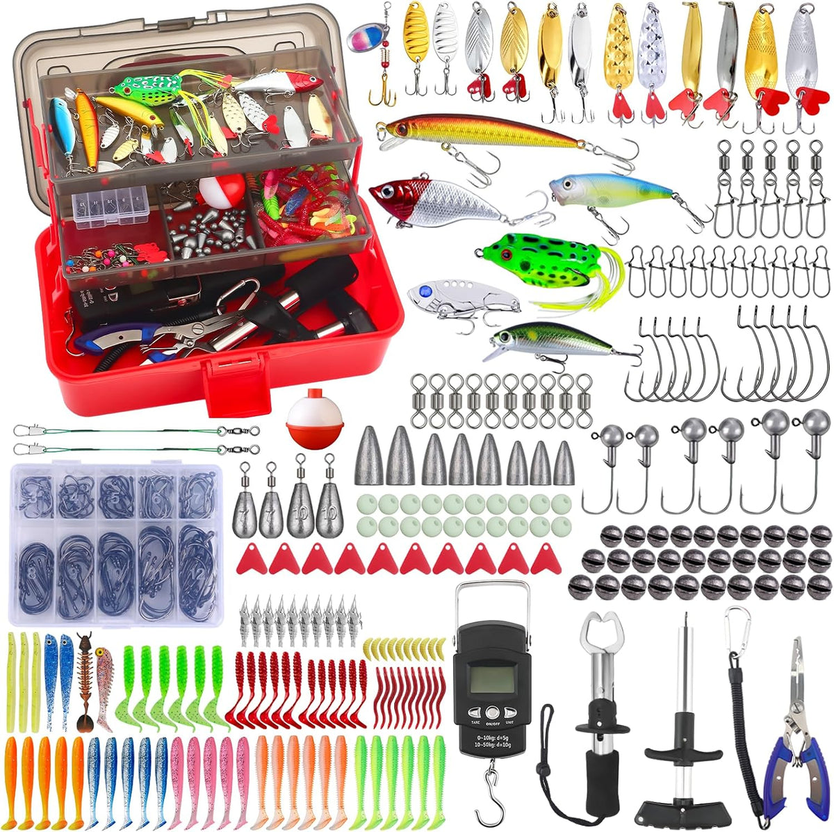 3-Layer Fishing Tackle Box with Tackle Included, 314Pcs Tackle Box Kit with Lures, 5 Tools Pliers, Scale, Lip Gripper, Hook Remover, Lanyard, Gear for Bass, Trout, Pike, Gift for Men