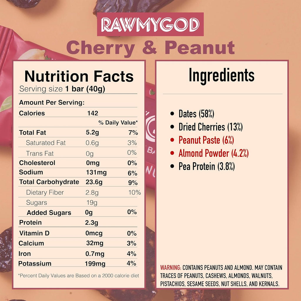 RAWMYGOD Fruit and Nut Bars, Gluten Free, Vegan, No Added Sugar (16 bars, Cherry & Peanut)