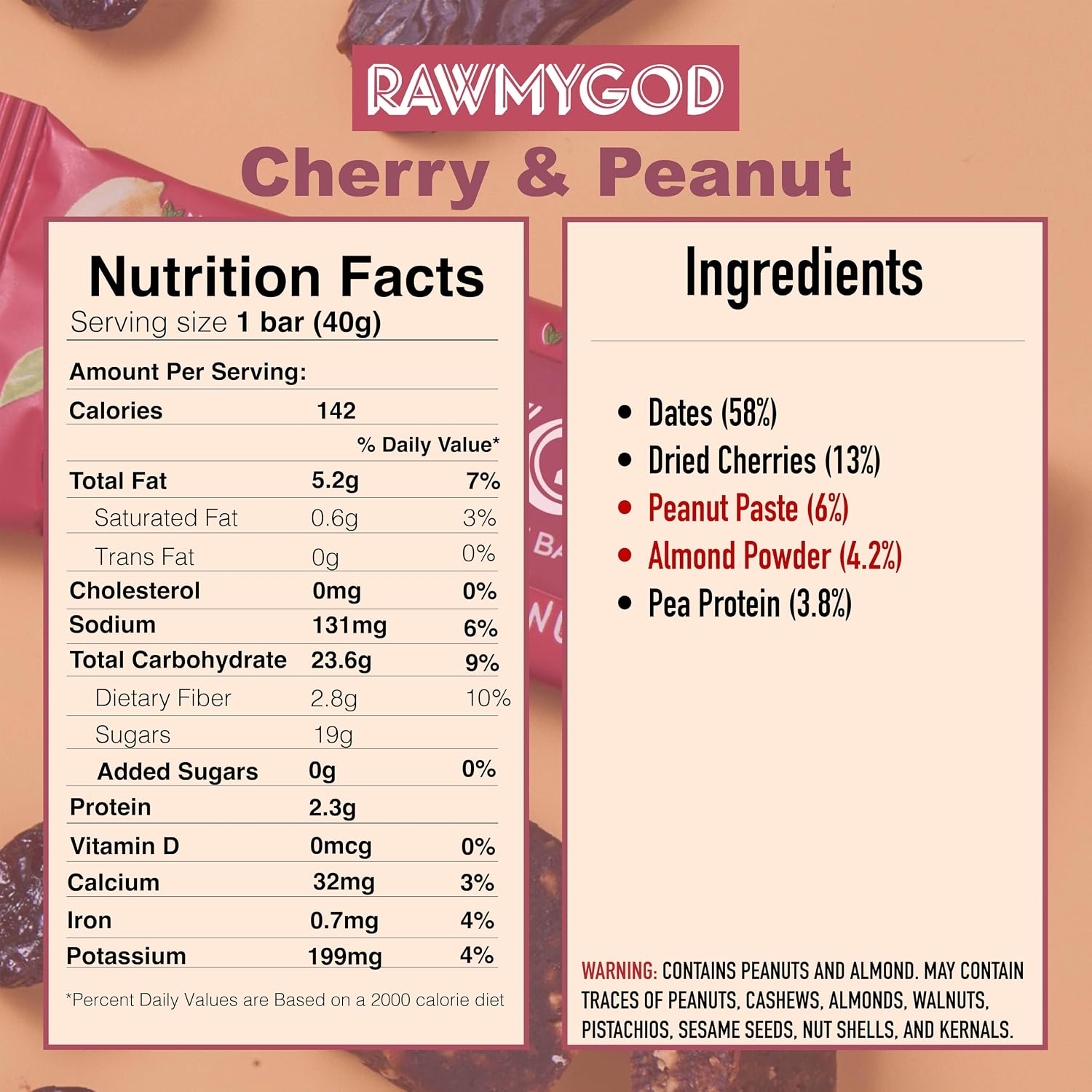 RAWMYGOD Fruit and Nut Bars, Gluten Free, Vegan, No Added Sugar (16 bars, Cherry & Peanut)