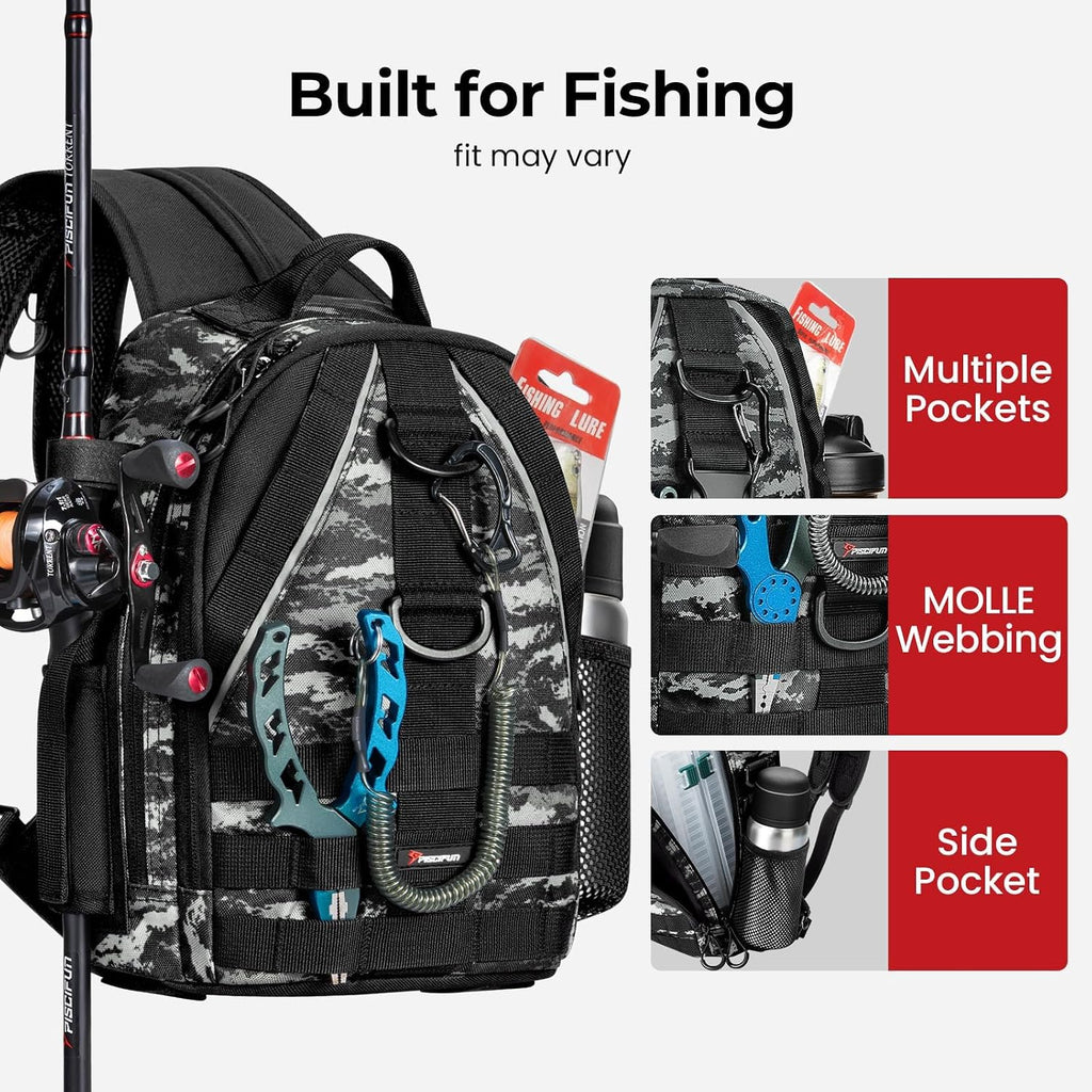 Piscifun Fishing Backpack, Rod Holders, Lightweight Sling Bag, Black Camo