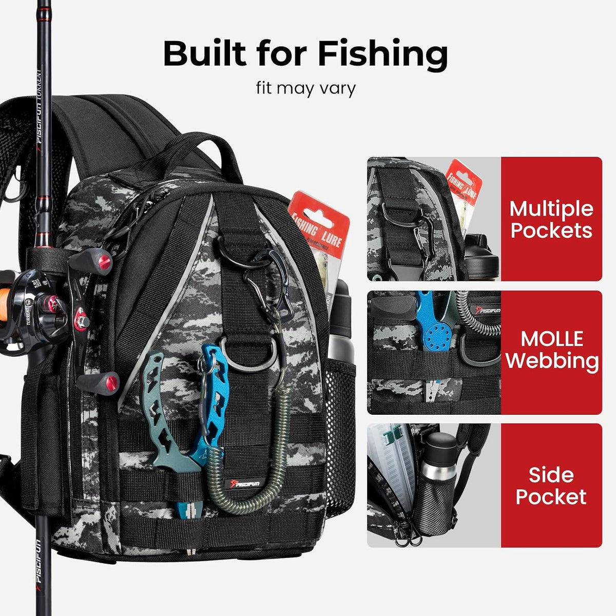 Piscifun Fishing Backpack, Rod Holders, Lightweight Sling Bag, Black Camo