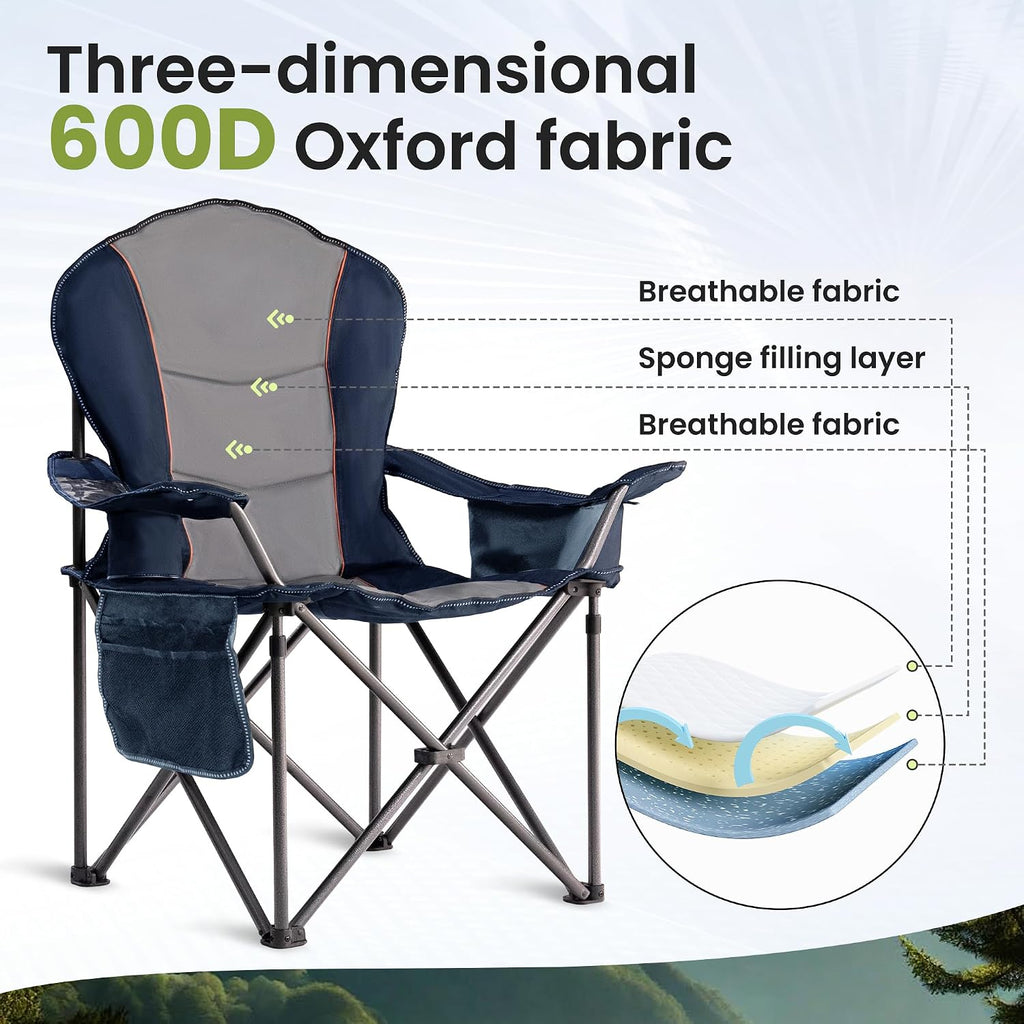 2 Pack Folding Camping Chairs for Adults - High Back Padded Outdoor Lawn Chairs with Lumbar Support & Cup Holder, 500lbs Heavy Duty Portable Camping Chairs Set (Blue & Gray, 2 PCS)