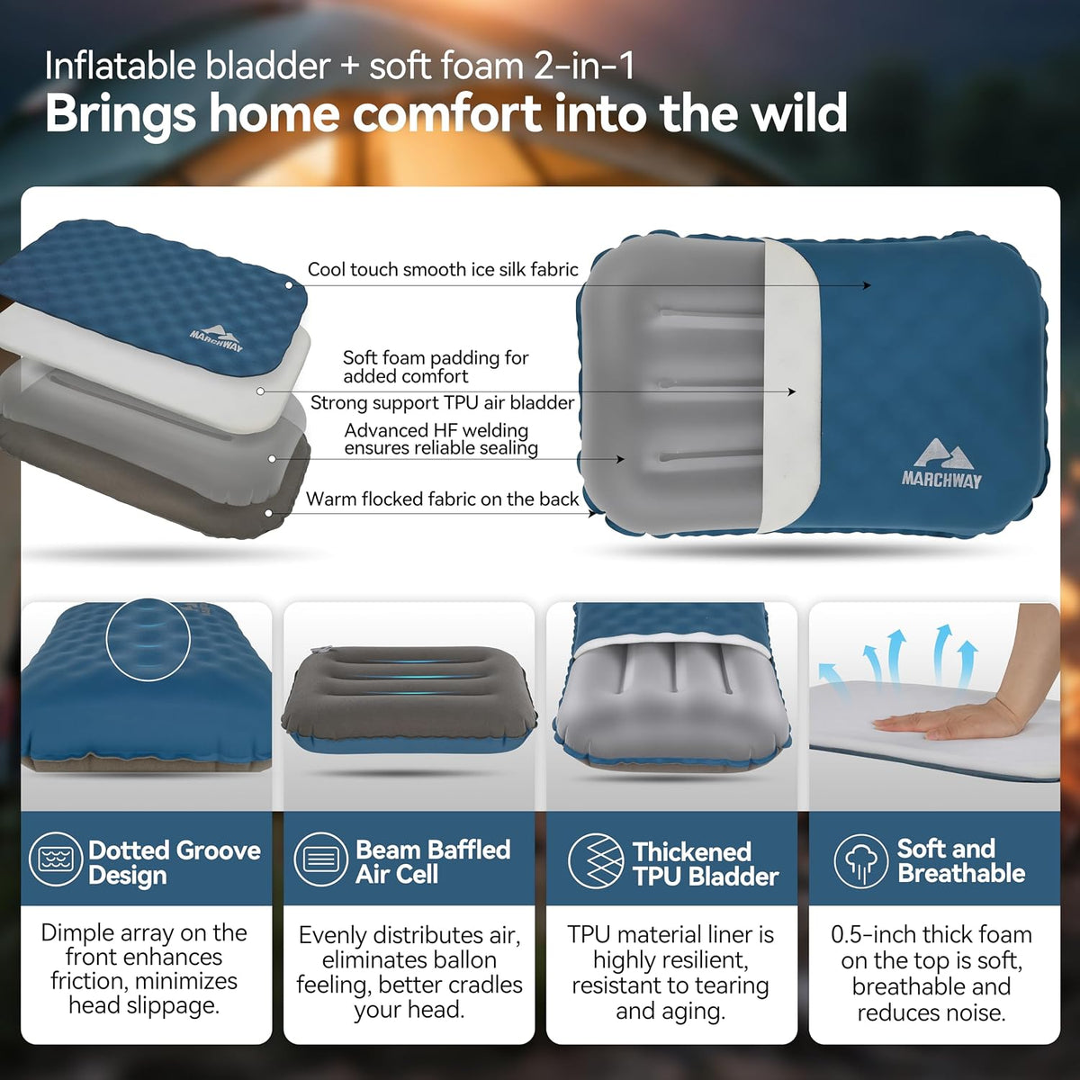 MARCHWAY Inflatable Camping Pillow with Soft Foam Top, Lightweight, Compact