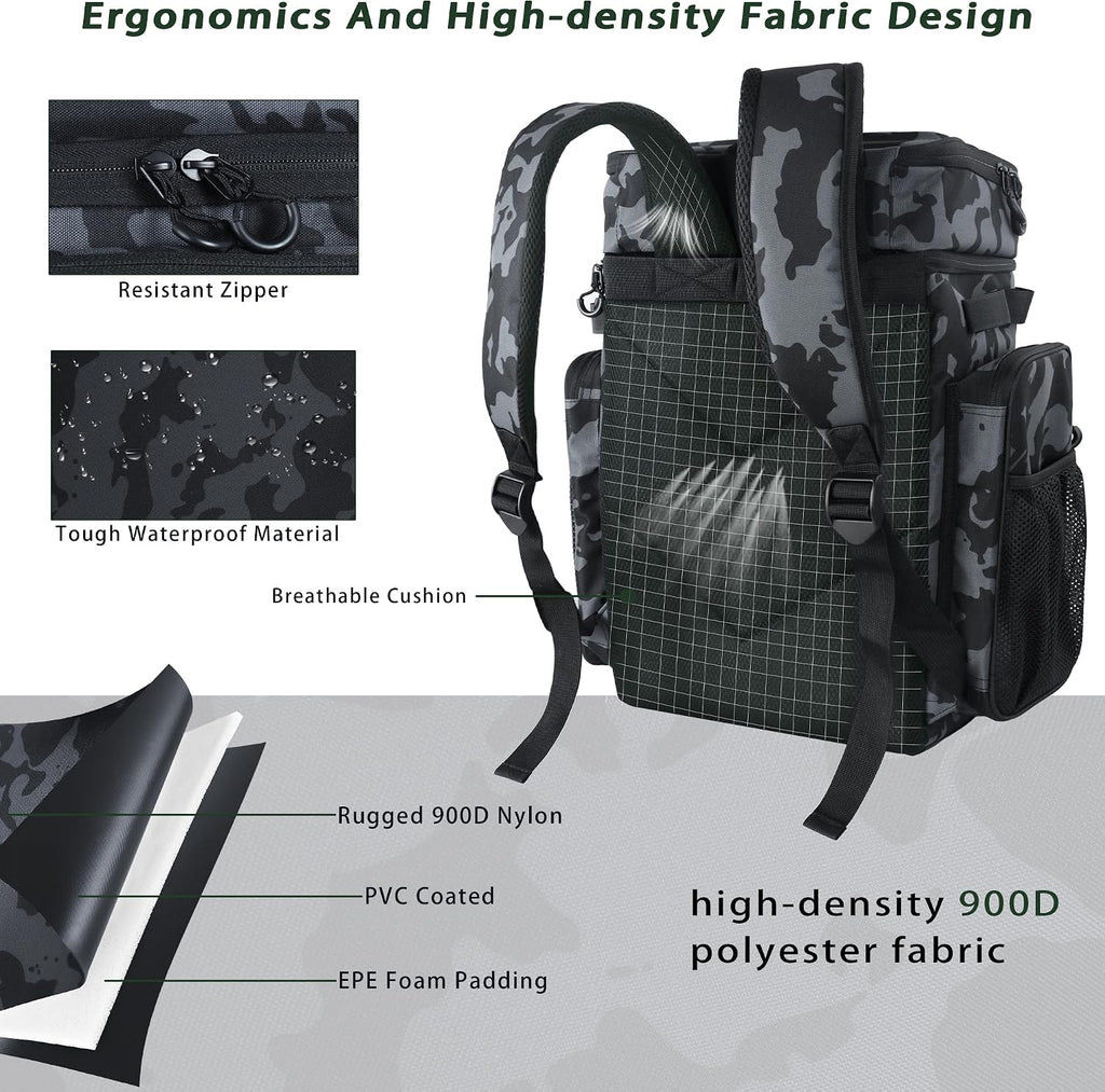 Fishing Backpack with Cooler & 4 Rod Holder, Large 45L Tackle Bag Store Fishing Gear Boxes Gifts for Men Woman-Camo Black Back Pack