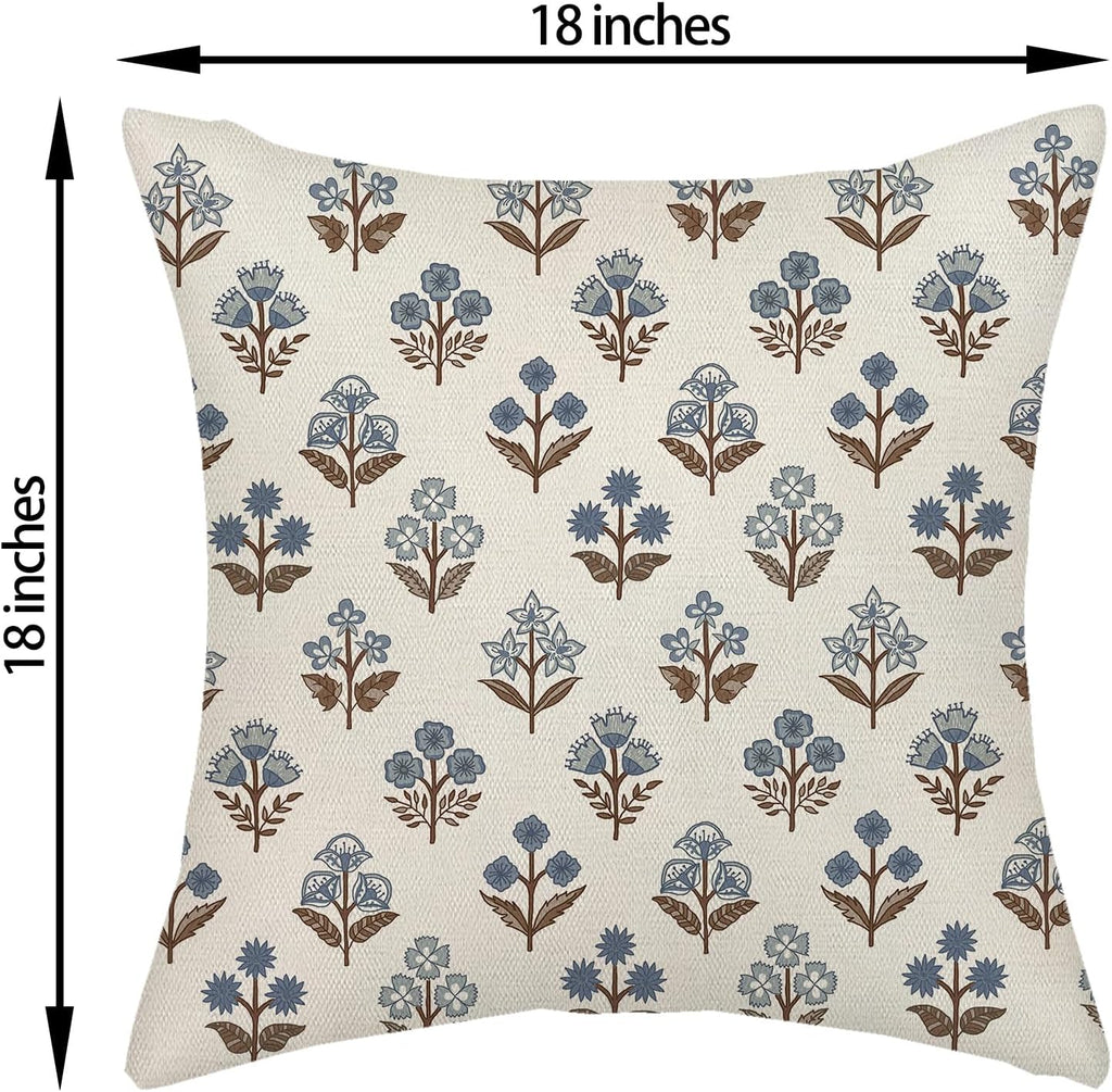 Blue Brown Pillow Covers 18x18 Inch 2 Pcs Block Print Vintage Floral Decor Throw Pillows Boho Flower Spring Summer Outdoor Seasonal Decoration Pillowcase Linen Cushion Cover for Couch Sofa
