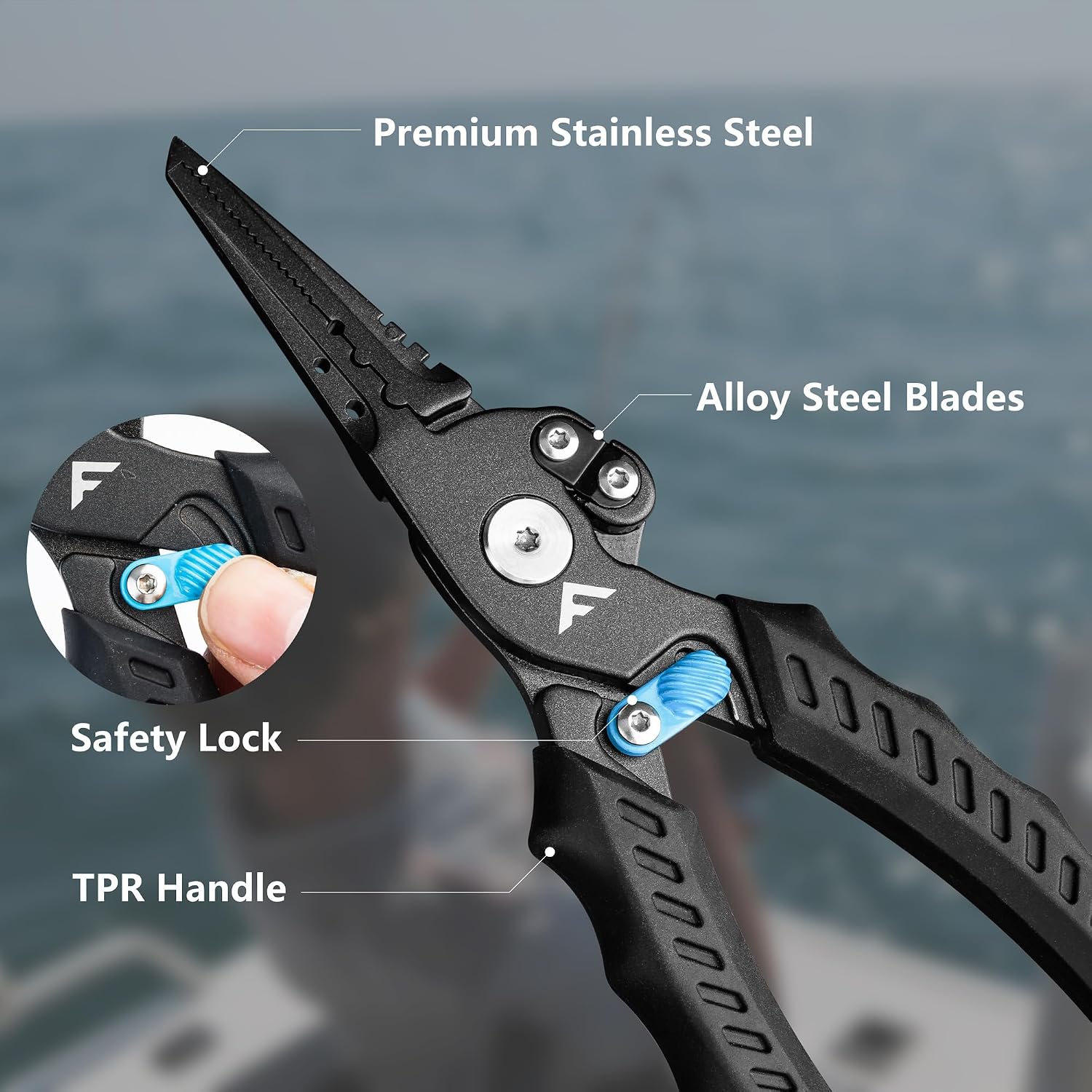 FLISSA Fishing Pliers, Safety Lock Design Fish Pliers Saltwater, Aluminum Hook Remover, Titanium 6Al-4V Jaw and Tungsten Carbide Line Cutters, Sheath & Lanyard, Fishing Gear Gifts for Men