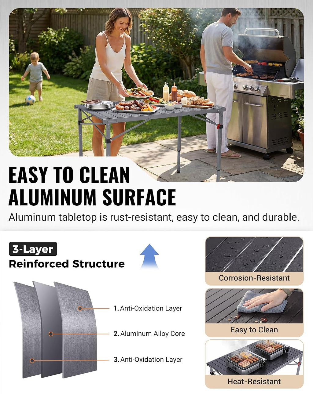 KingCamp 265 Lbs Folding Camping Table, 3-Height Heavy Duty Outdoor Table