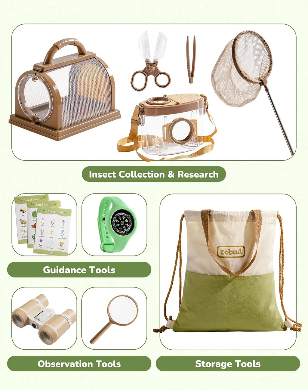 ROBUD Upgraded Kids Explorer Kit, Bug Catcher Kit with Wild Adventure Binoculars, Green Outdoor Exploration Set for Camping, Montessroi Toy for Kids Coming Closer to Nature，WRP30