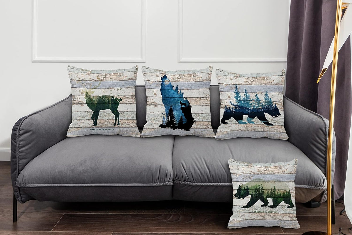 Camping Bear Themed 18″×18″ Throw Pillow Case Set of 4