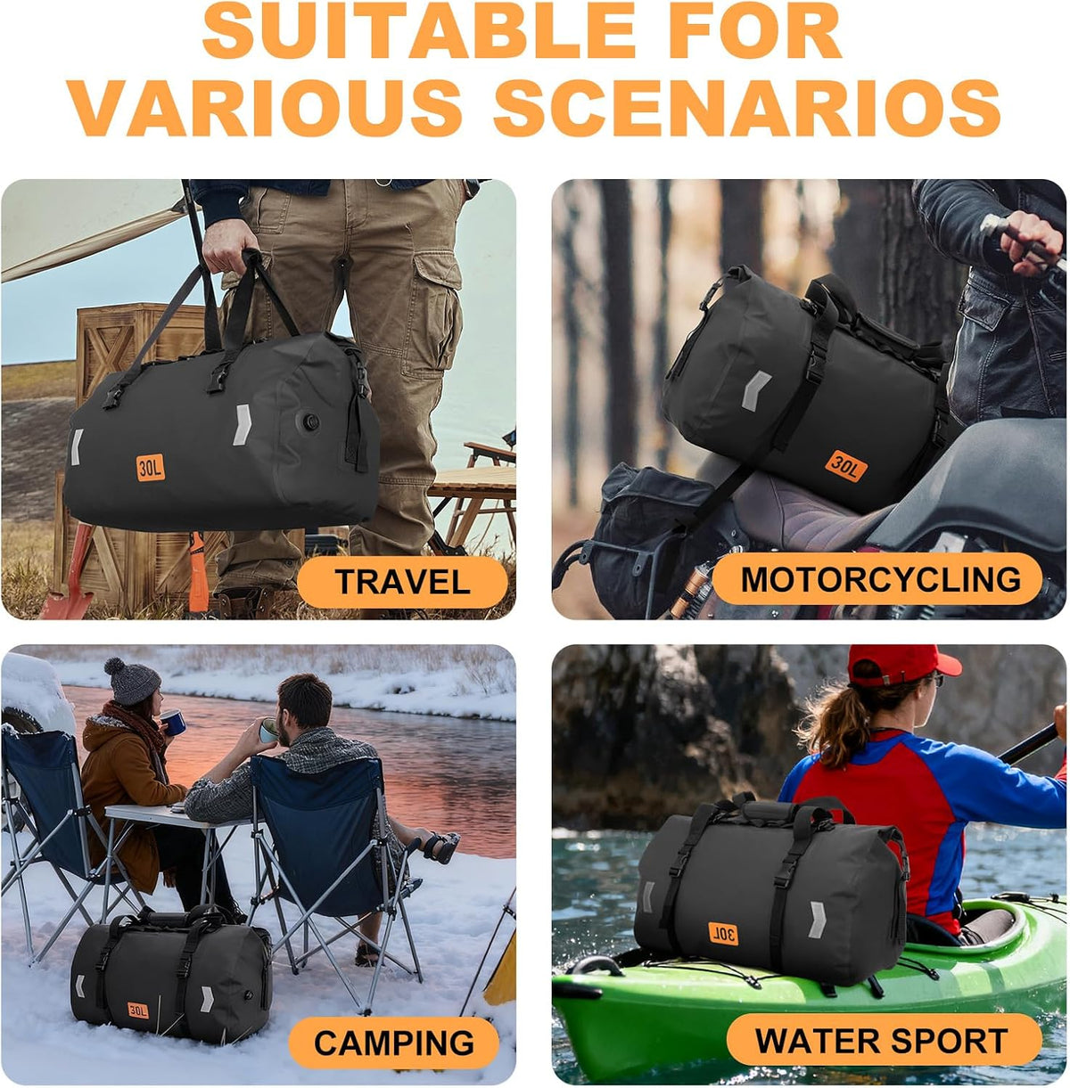 OCKLILY Waterproof Motorcycle Dry Bag, 30L Roll-top Motorcycle Tail Bag with Air Valve & Quick-fixed Straps, Travel Duffle Bags for Kayaking Paddle Boarding Rafting Boating Camping Riding - Black
