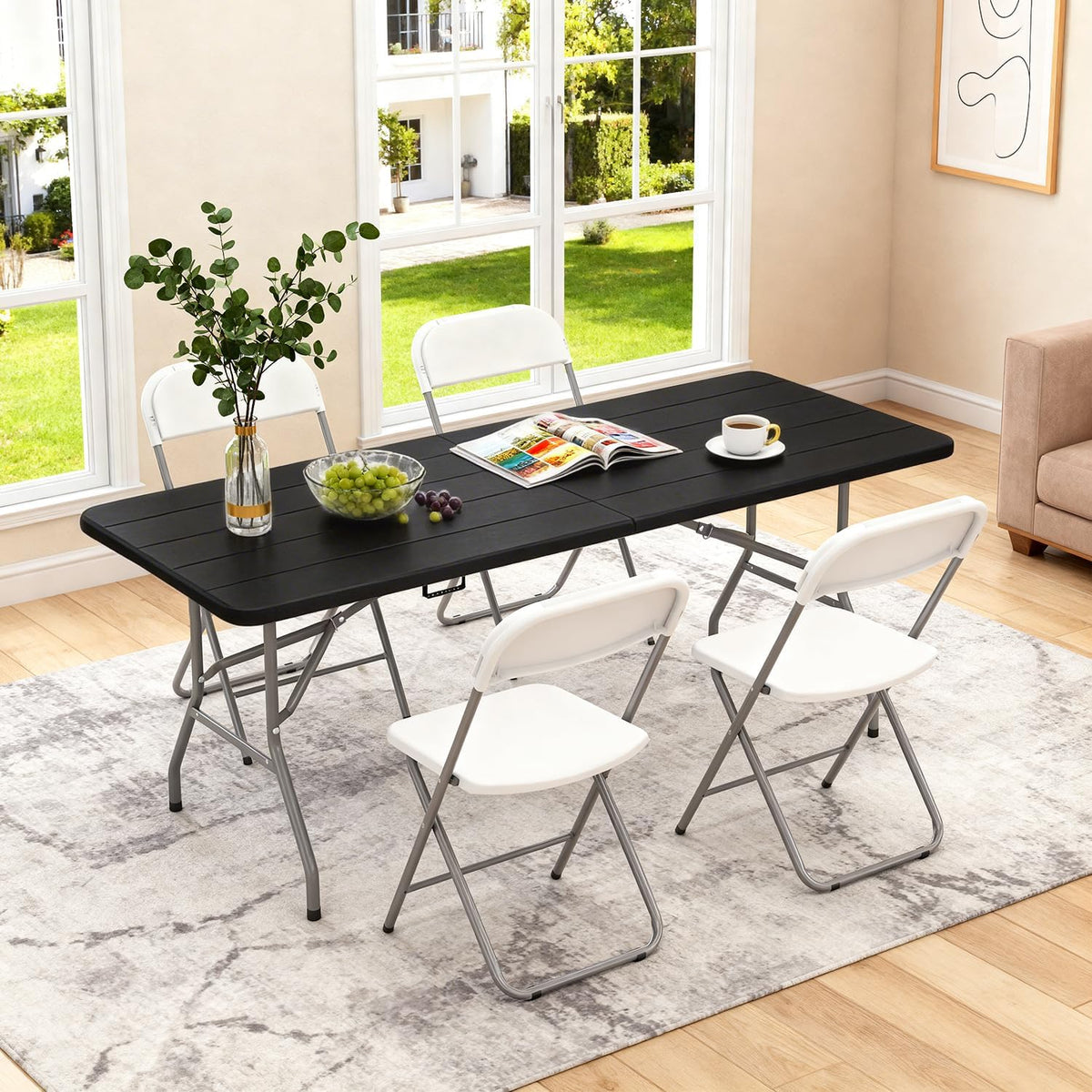 BestOffice | 6FT Folding Table | Black Wood Grain | Portable Plastic Table