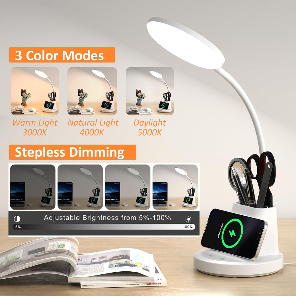 LED Desk Lamp with Wireless Charger for Home Office, White