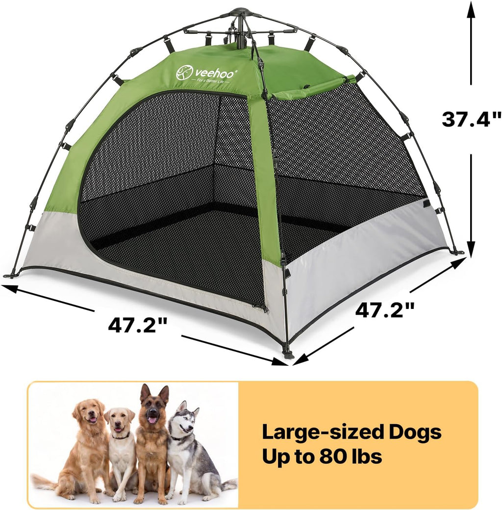 Veehoo Pop Up Dog Tent House for Indoor Outdoor, Portable &amp; Waterproof Dog Canopy Shelter with Cool Mesh, Foldable Automatic Pet Tent for Dogs with Camping Mat and Bag for Large &amp; Extra Large Dogs
