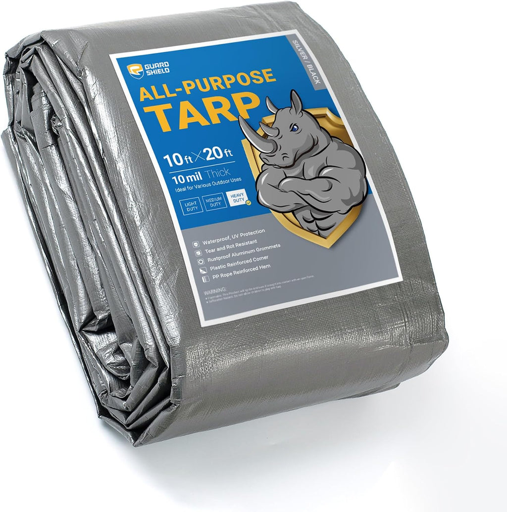 GUARD SHIELD Heavy Duty Tarp 10x20 Feet Silver/Black Multi Purpose Thick Waterproof Poly Tarp Cover 10mil