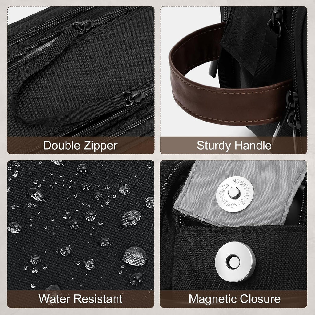 Wedama Toiletry Bag for Men, Medium Hanging Travel Toiletry Bag, Extra Electronic Organizer Bag Waterproof Travel Bag for Toiletries with PU Handle for Travel Business Trips Swim Camping, Black&Brown