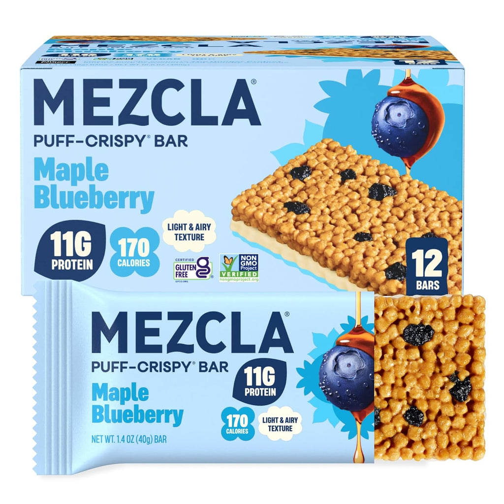 Mezcla Maple Blueberry Puff Crispy Vegan Bars, 11g Protein, 12 Bars