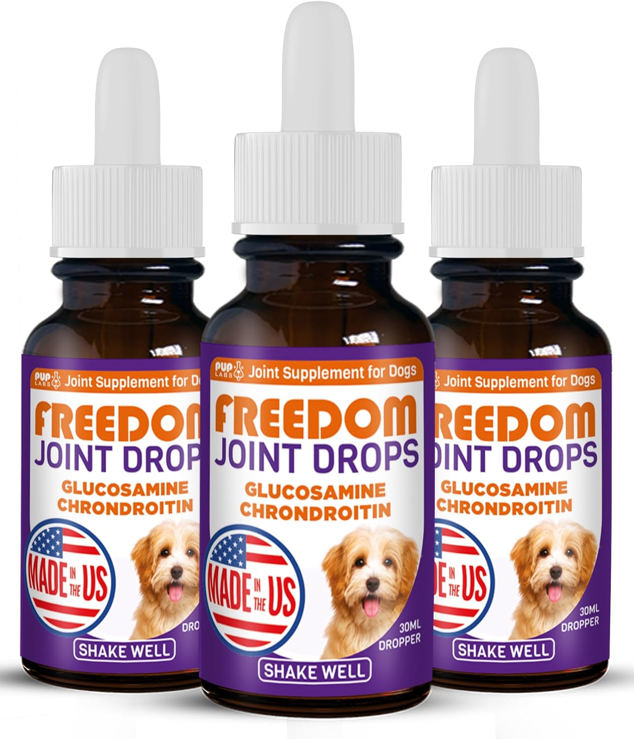 Pup Labs Freedom Joint Drops - Dog Joint Support Supplement with Human-Grade Ingredients - No Fillers, Preservatives, Additives, or Artificial Ingredients, 3 30 ml Droppers