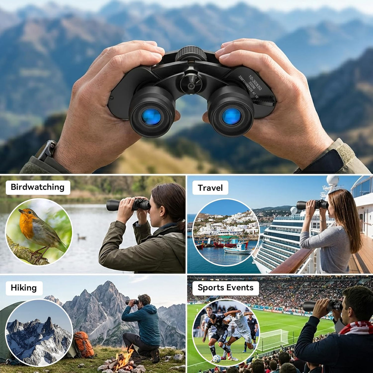 10-30x50 High Power Zoom Binoculars for Adults, Low Light Night Vision/Daily Waterproof / BAK7 Prism/FMC Lens, HD Professional Binoculars for Bird Watching, Hunting, Outdoor, Hiking.