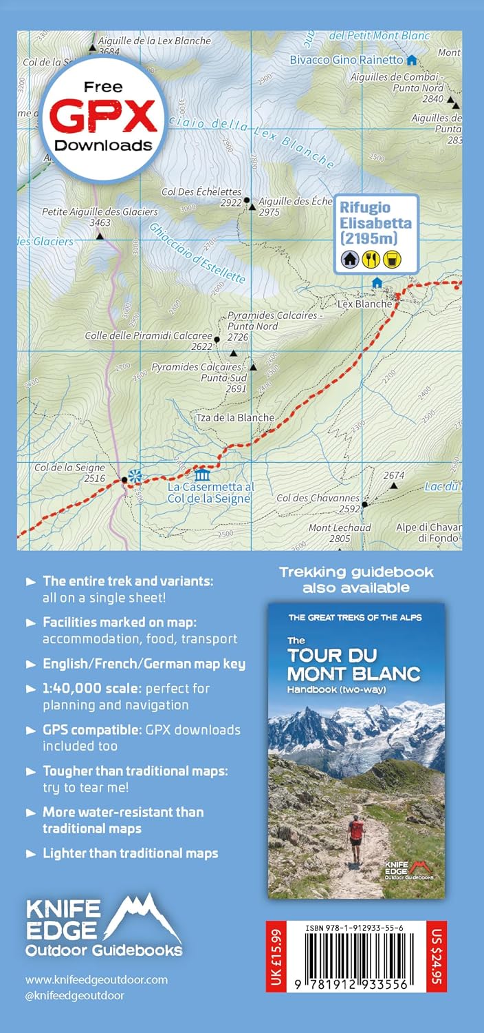 Trekking Map: Tour du Mont Blanc: English/French/German; 1:40,000 mapping; Free GPX downloads; Water: English/French/German; 1:40,000 mapping; Free GPX downloads; Waterproof; Tear-resistant; Light