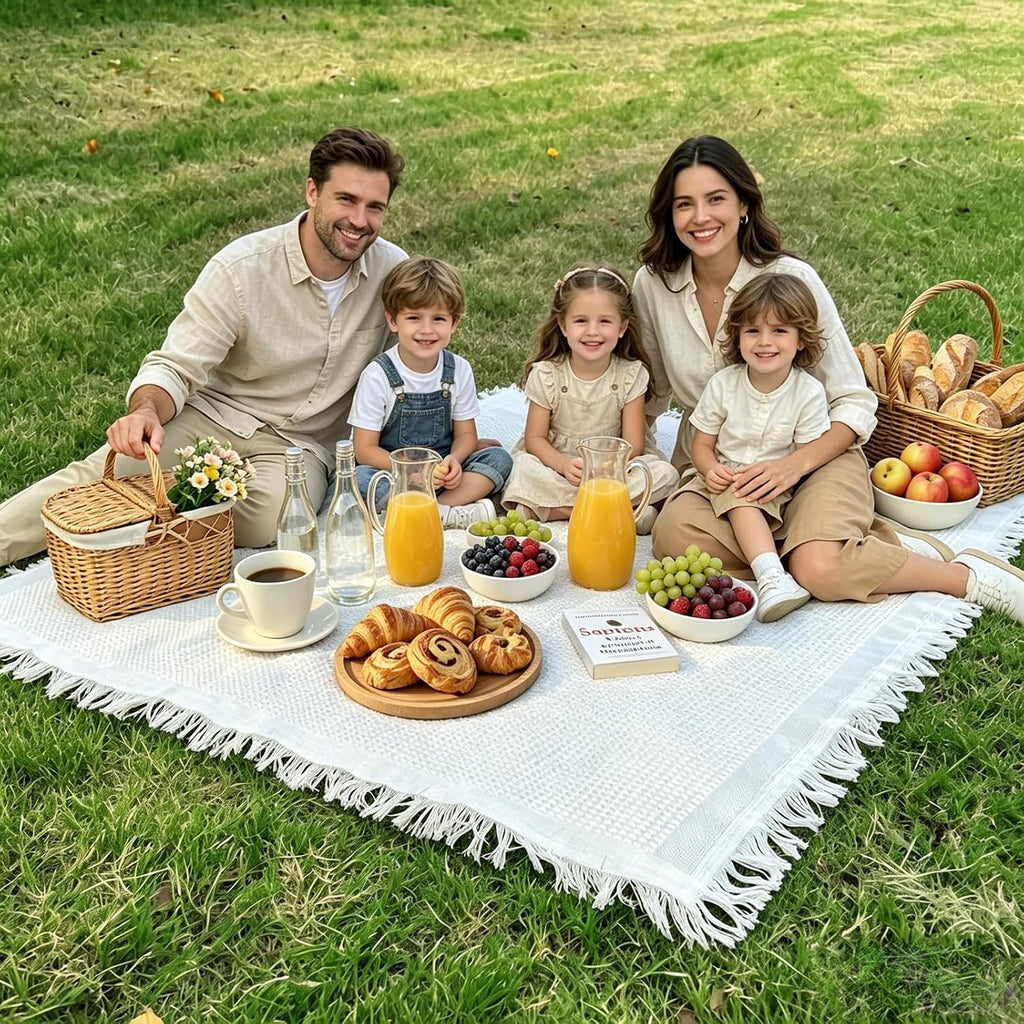 Extra Large Waterproof White Picnic Blanket, 118 x 71 in, Waffle Weave