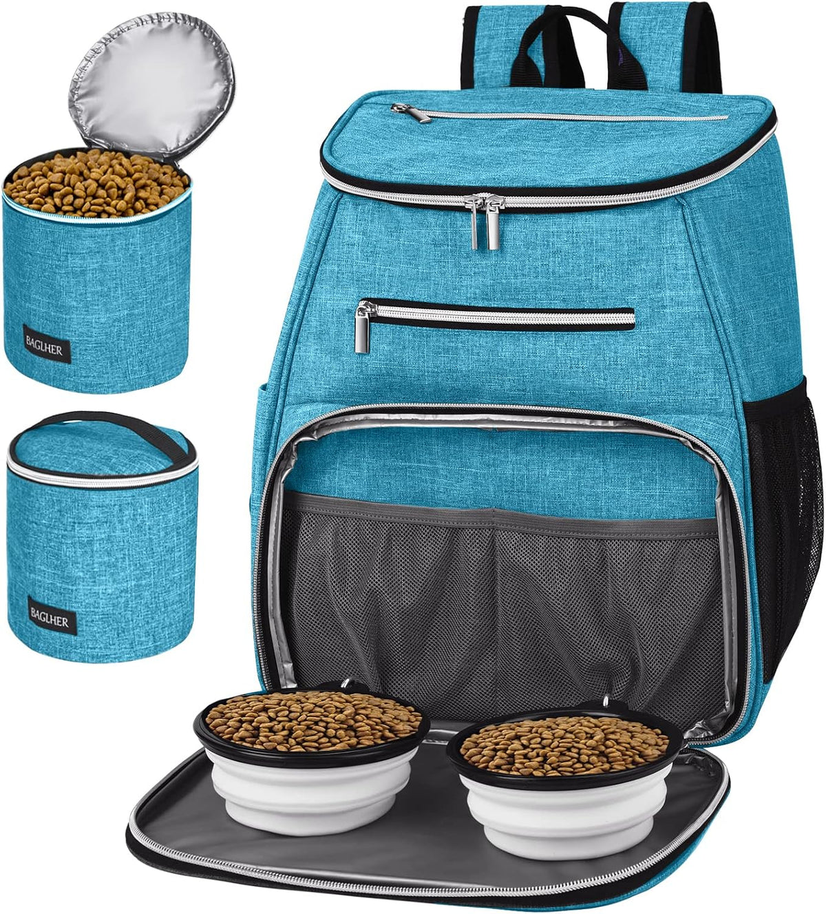 BAGLHER 丨Dog Travel Bag Backpack, Airline Approved Pet Supplies Backpack, Dog Travel Backpack with 2 Silicone Collapsible Bowls and 2 Food Baskets Grey