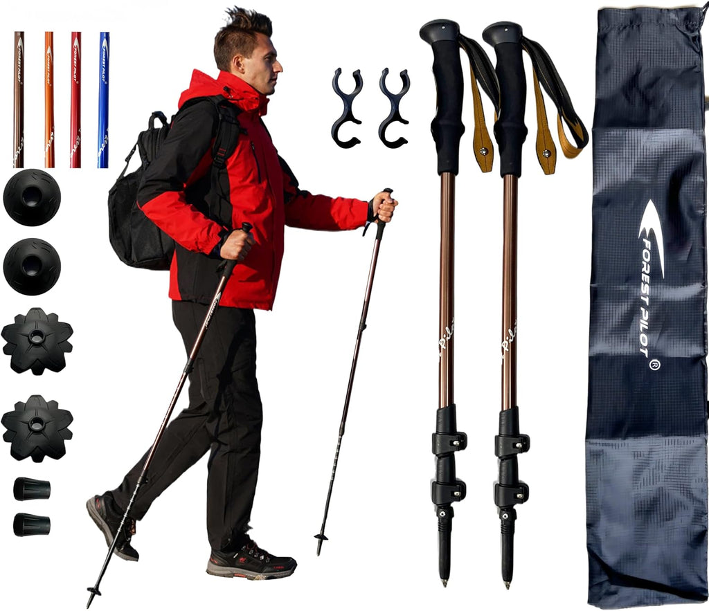 FOREST PILOT Trekking Poles - Lightweight 7075 Aluminum with Flip Lock & All Terrain Accessories - Pair of 2 Walking Sticks for Hiking with EVA or Beech Wood Grip