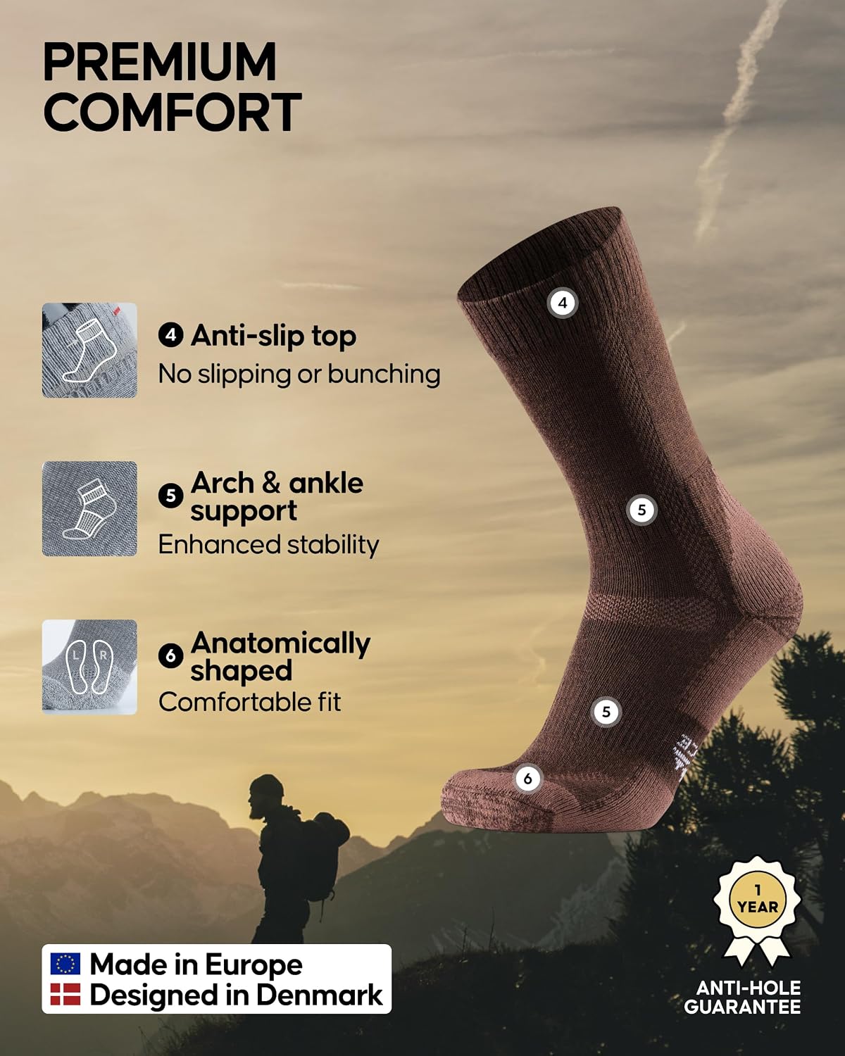 DANISH ENDURANCE Hiking Socks, Merino Wool, Anti-Blister, 3 & 5-Pack