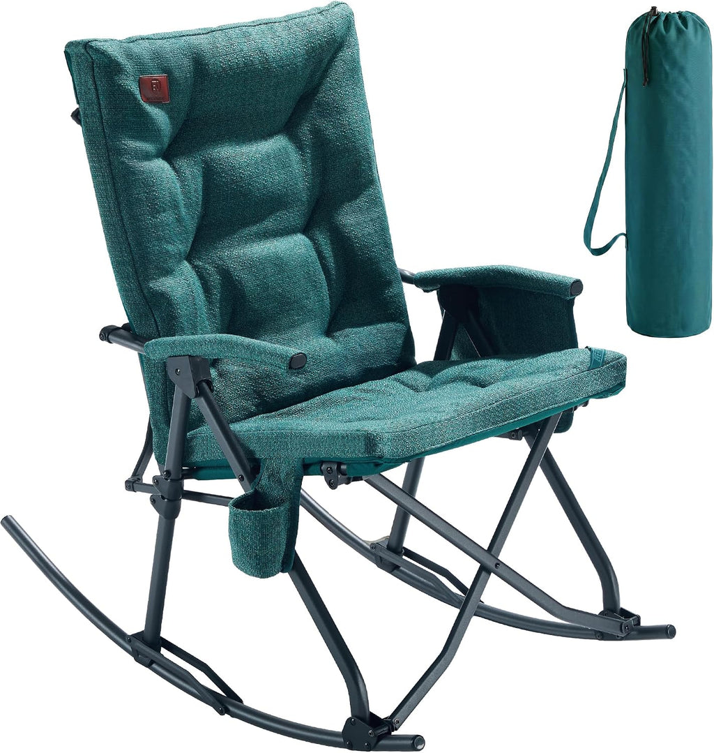 EVER ADVANCED Oversized Rocking Camping Chair, Padded Folding Rocker for Adults with Hard Armrests, 400lbs Heavy Duty Portable Chair for Patio, Lawn and Outdoors, Forest Green