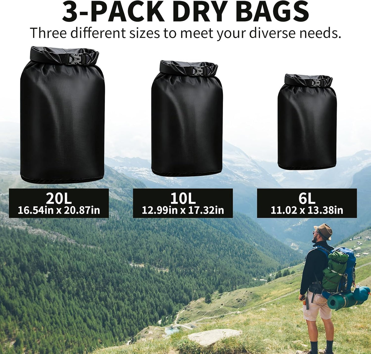 Dry Bag Waterproof 3 Pack Lightweight Outdoor Dry Sack, 6L&10L&20L, Black