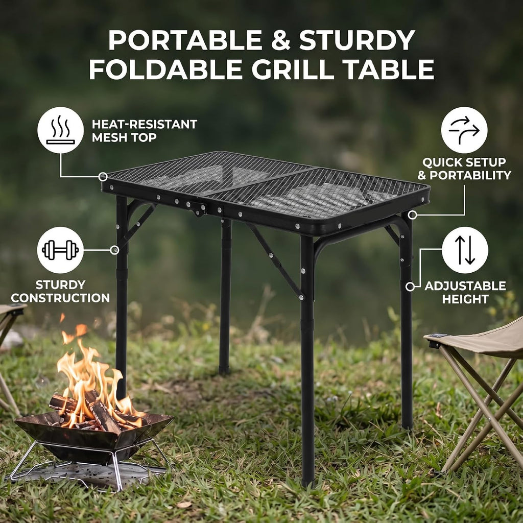 Foldable Grill Table Camping Table with Mesh Top Portable Aluminum Adjustable Height