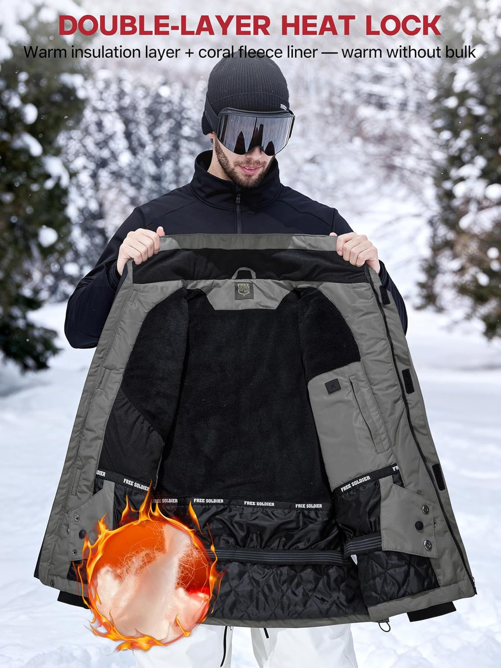 FREE SOLDIER Men's Waterproof Ski Jacket Fleece Lined Warm Winter Snow Coat with Hood Fully Taped Seams