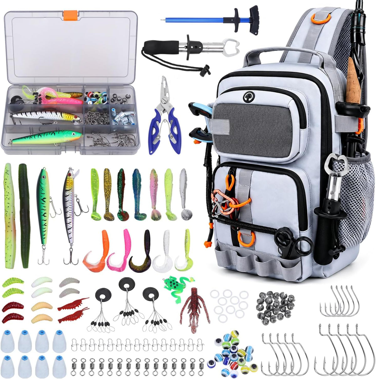 Fishing Backpack with Tackle Boxes&Tool Set,Waterproof,Fish Shoulder Bag with 136 Pcs Fishing Lures Kit,Fish Hook Remover Tool,Fish Lip Gripper,Fishing Plier,Gifts for Men(Gray)