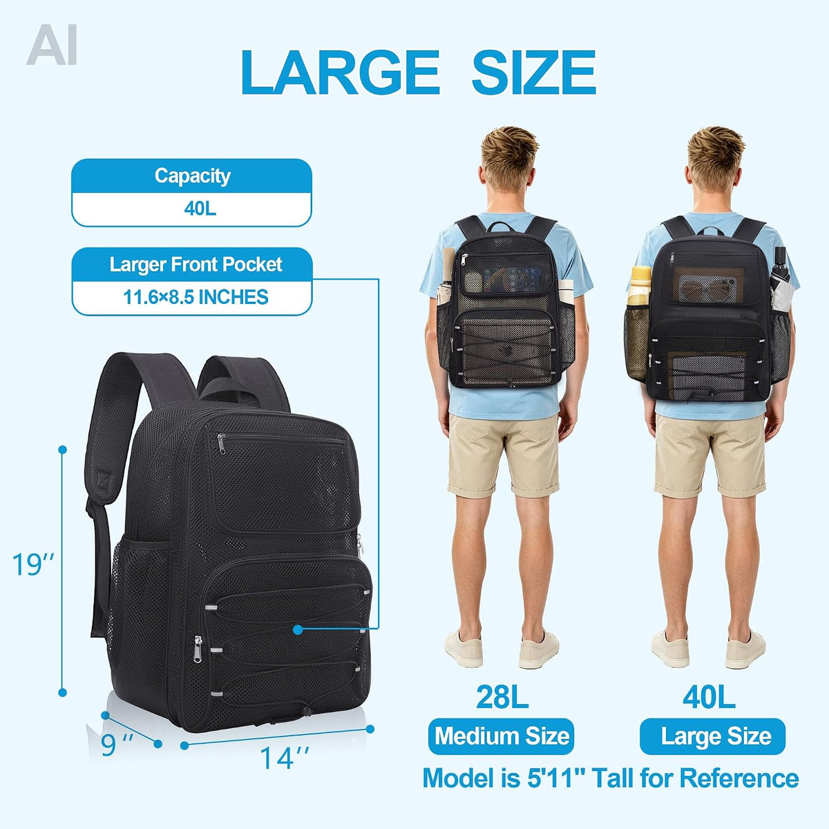 Paxiland Mesh Backpack Heavy Duty, 40L Large See Through Mesh Beach Bag