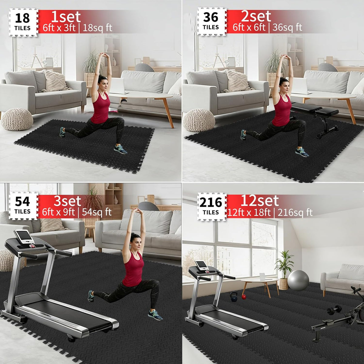Gym Flooring for Home Gym, 18 PCS Anti-Slip Interlocking Foam Floor Tiles, 12.6"x12.6"x0.4" EVA Exercise Mats, Puzzle Floor Mat For Workout, Yoga, Kids Play Area, Treadmill, Garage