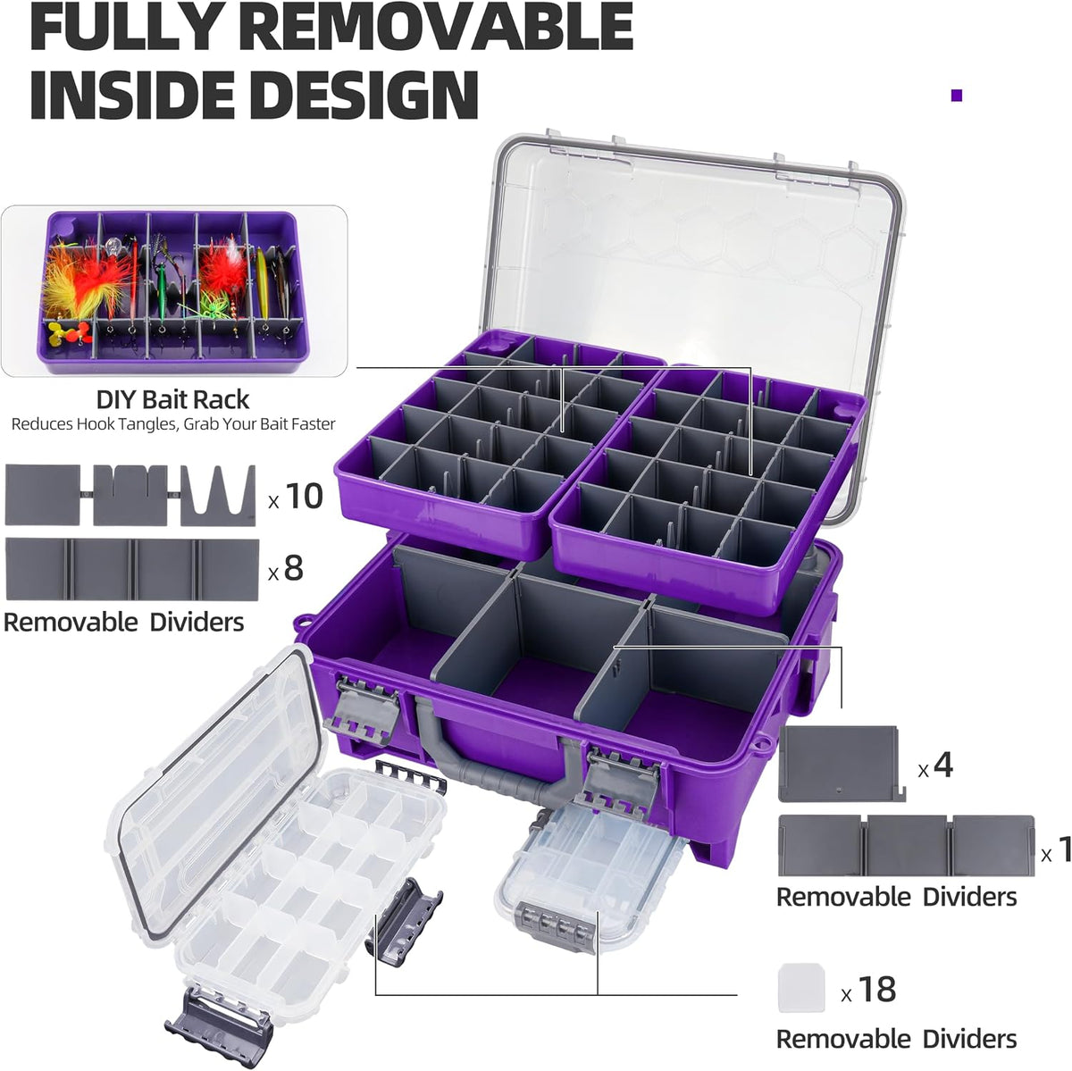 RUNCL Upgraded Large Capacity Waterproof Floating Tackle Box with Rod Holder, Airtight Organizer with Removable Trays for Lures Hooks Baits, Durable Fishing Gear Storage Gift for Anglers
