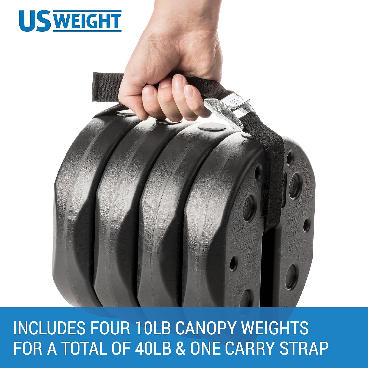 US Weight 40 Pound Canopy Weight Set of 4 and Carry Strap with No-Pinch Design - Easy Installation and Removal to Secure Tents, Canopies, and Umbrellas at Outdoor Events