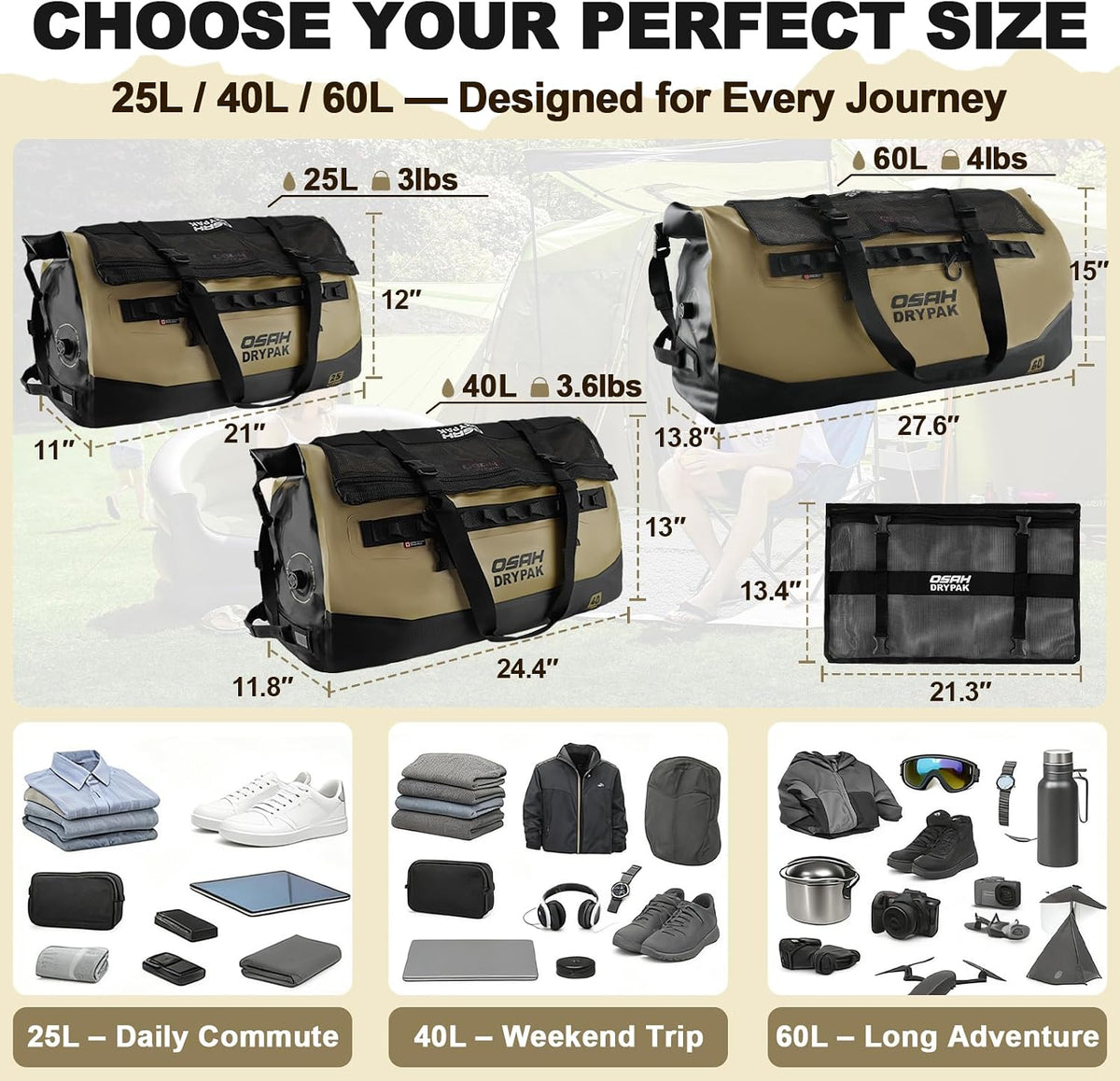 OSAH DRYPAK Waterproof Duffel Bag 25L/40L/60L – Heavy-Duty Motorcycle Tail Bag, Roll-Top Dry Bag for Travel, Camping, Boating, Kayaking, Outdoor Adventure