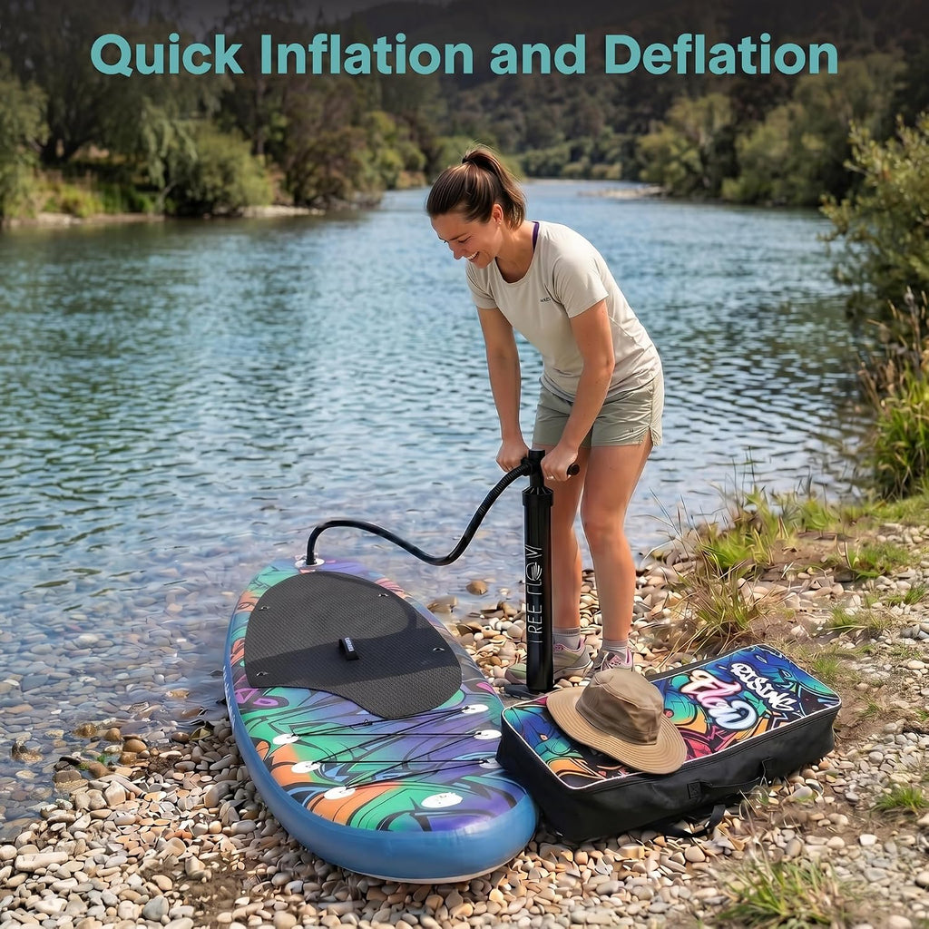 SereneLife 10’6” Inflatable Stand Up Paddle Board with Premium SUP Accessories - 32” Wide Stable Design with Non-Slip EVA Deck Pad, for Youth and Adults, 350 lbs. Capacity