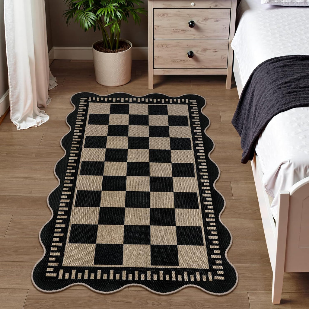 Checkered Easy Jute 3x5 Outdoor Patio Rug, Washable Rugs for Entryway Indoor Outdoor Area Rug Black Kitchen Rugs, Non-Slip Farmhouse Neutral Rug for Balcony Backyard