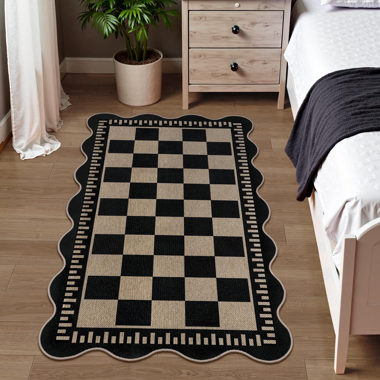 Checkered Easy Jute 3x5 Outdoor Patio Rug, Washable Rugs for Entryway Indoor Outdoor Area Rug Black Kitchen Rugs, Non-Slip Farmhouse Neutral Rug for Balcony Backyard