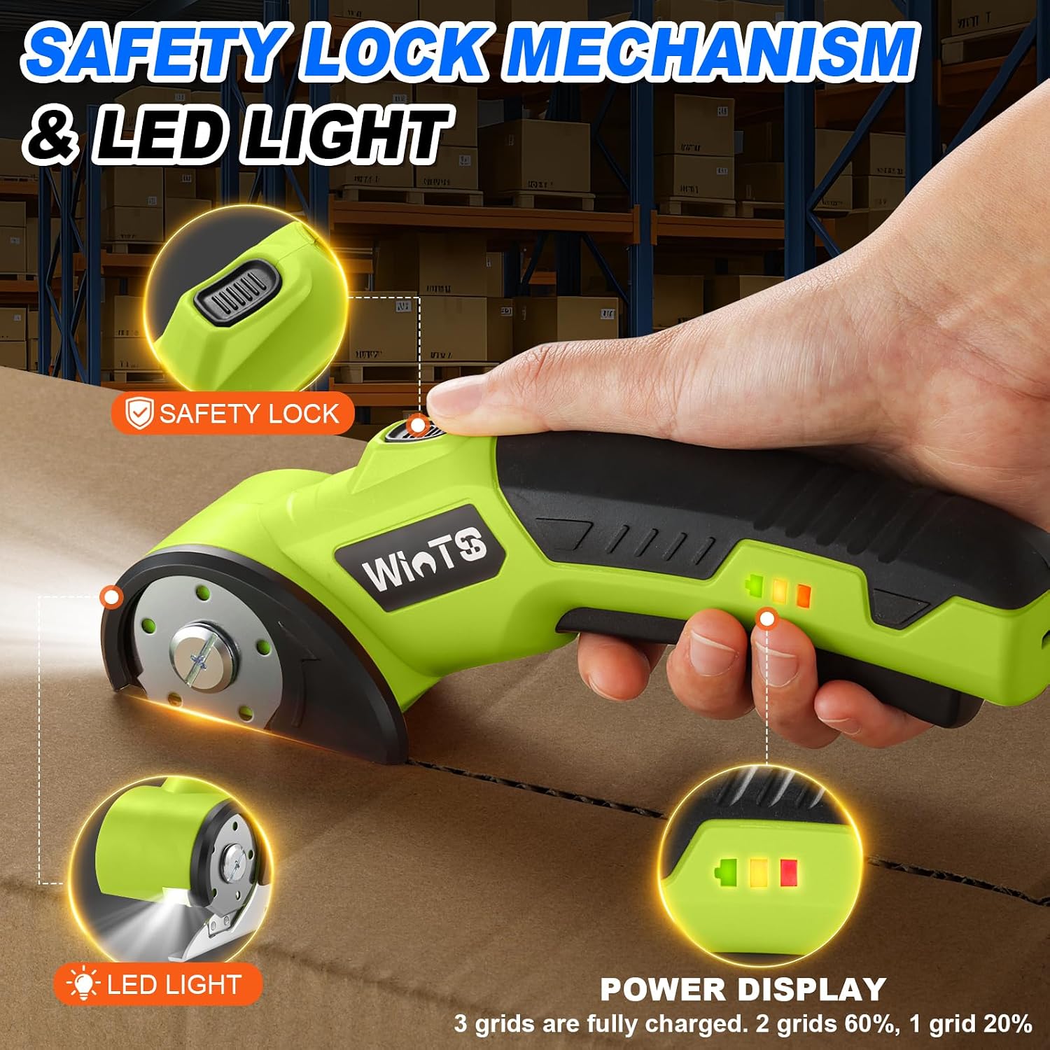 WINTS Cordless Electric Scissors,High-Capacity 2000mah Battery 4V Cardboard Cutter with Safety Lock & LED Light, Rechargeable Rotary Cutter for Box Carpet Plastic Fabric With 2 Blades (Green)