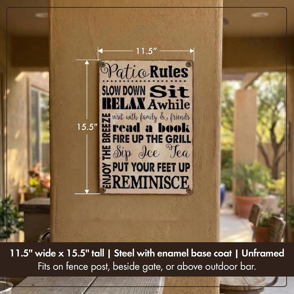 Homebody Accents Patio Rules Sign - Rustic Steel Porch Wall Decor, Outdoor Sign for Back Patio, Deck and Screened Porch, Positive Thinking Home Gift, Made in USA - 12"x16"