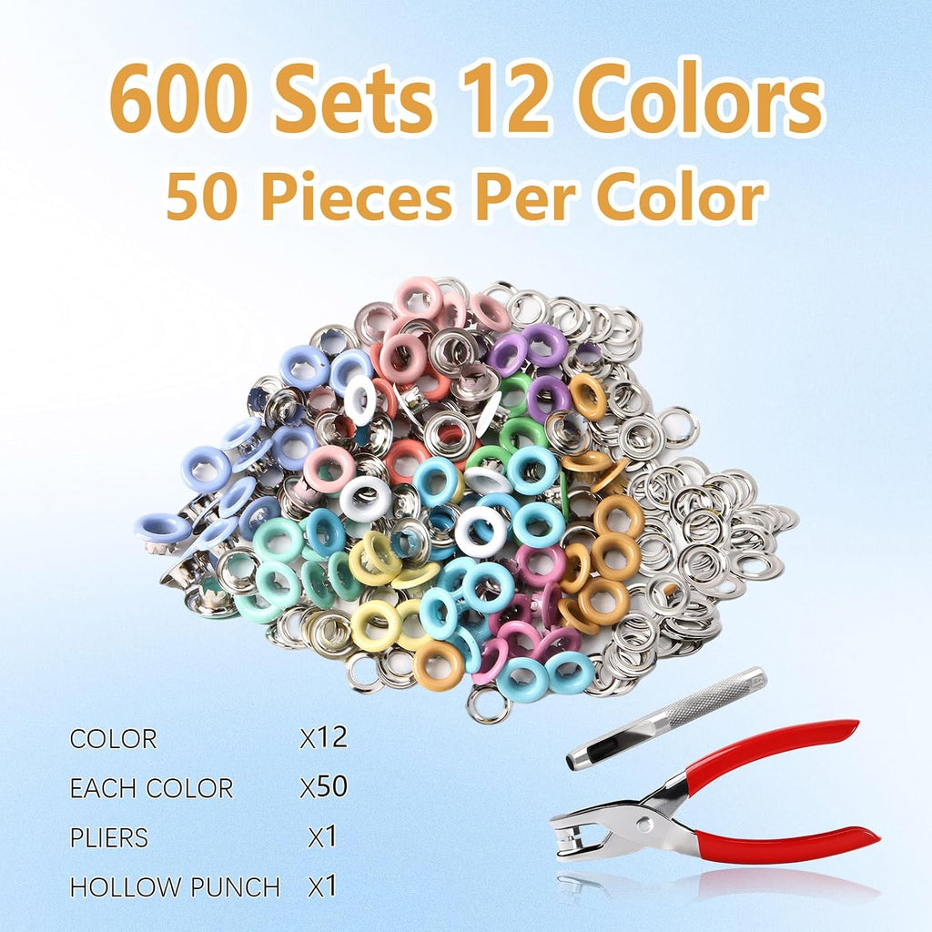 YHNTGB 600 Sets 1/4 Inch Grommet Tool Kit with Eyelets Pliers 12 Colors