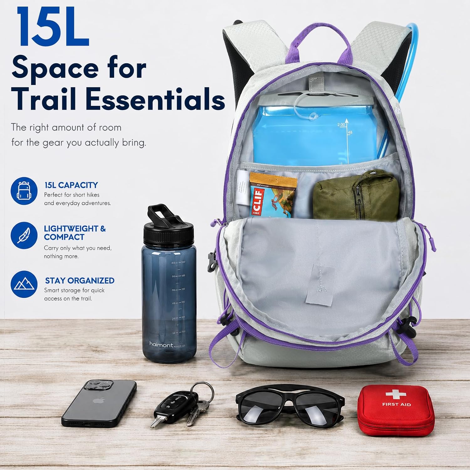Haimont 15L Lightweight Hiking Daypack, Grey