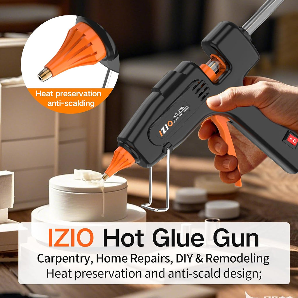 IZIO100W Hot Glue Gun Kit, Fast Heating for DIY Crafts Home Repair, Includes 21 Glue Sticks, Anti-Scald Nozzle, Pouch