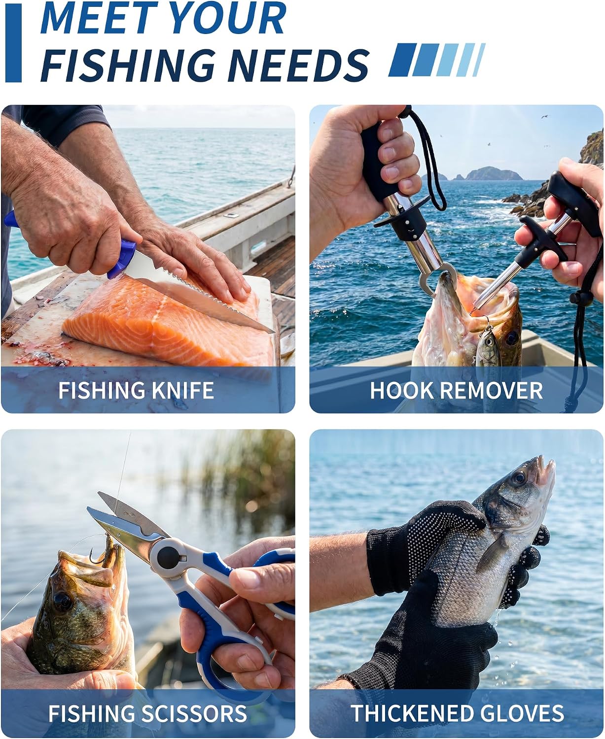 Fishing Tool Kit - Fishing Pliers, Hook Remover, Fish Gripper，Fish Scale, Fish Knife, Saltwater Fishing Gear with Sharpeners, Best Gifts for Men