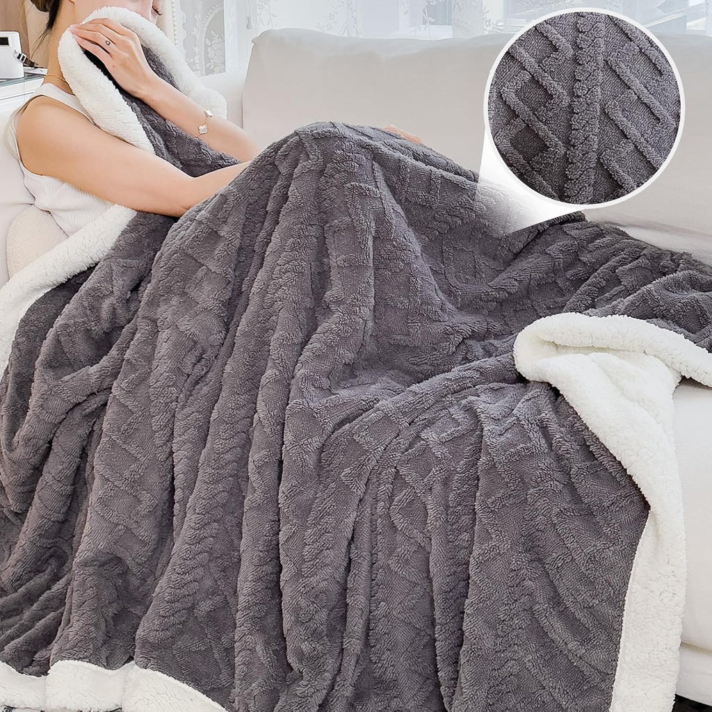 Full Size Reversible Sherpa Fleece Soft Blanket for Couch,Dark Gray,80"x90"