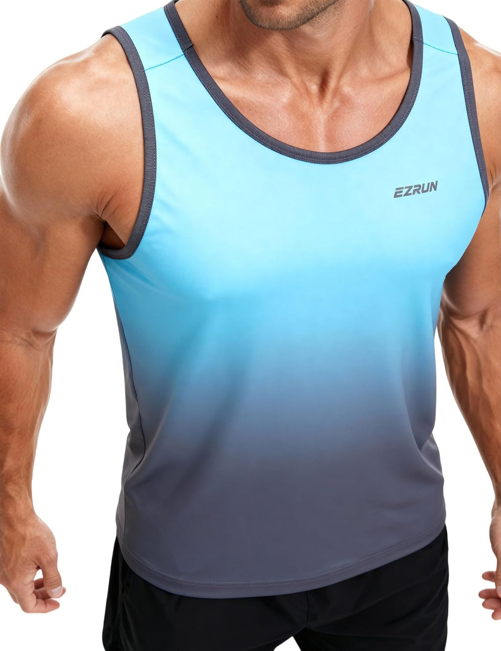 EZRUN Men's Quick Dry Tank Top UPF 50+ Workout Shirt for Gym &amp; Running | Sweat-wicking 4-way Stretch Sleeveless Shirt. Reflective Logo for Safe Night Runs. Loose Fit for Gym &amp; Summer Workouts