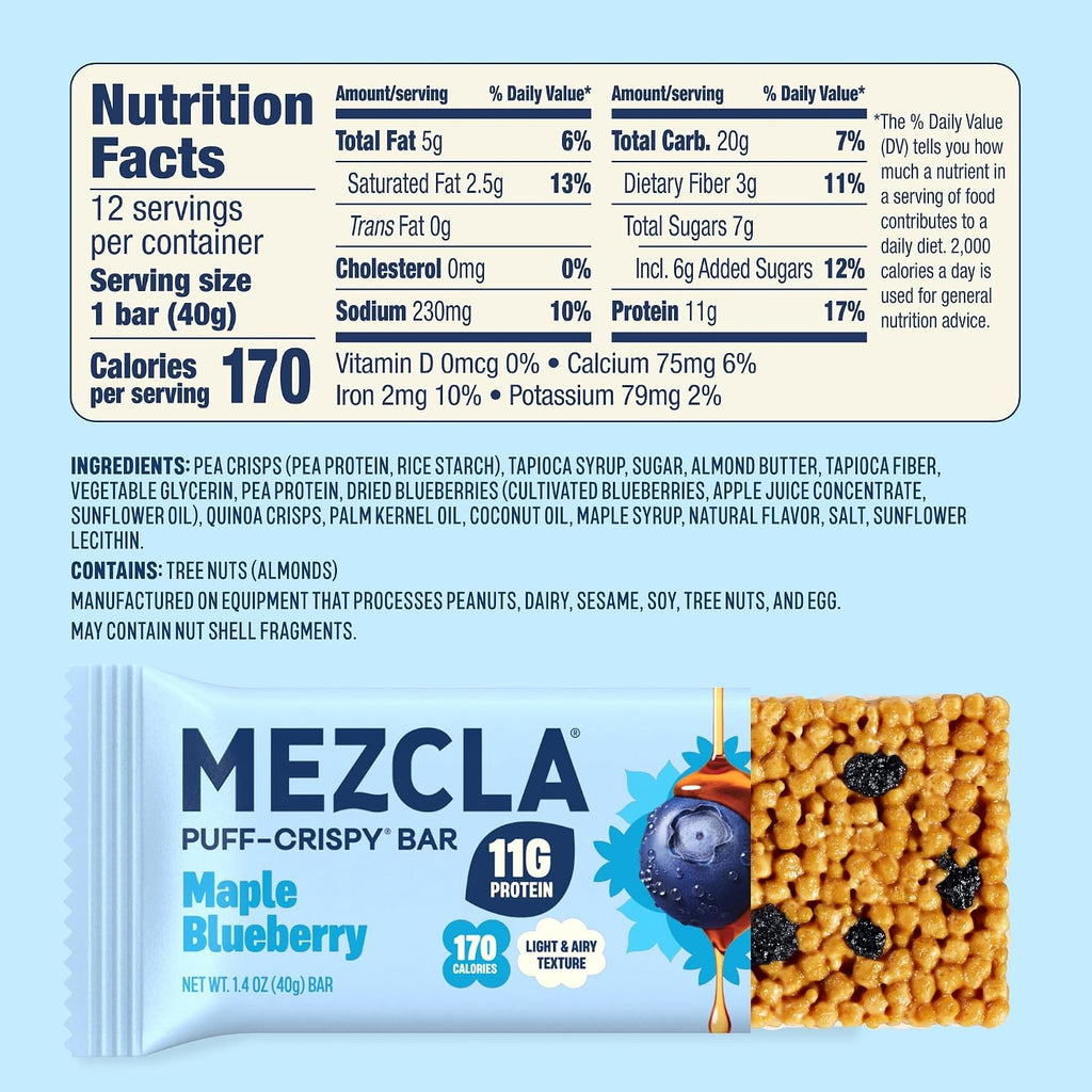 Mezcla Maple Blueberry Puff Crispy Vegan Bars, 11g Protein, 12 Bars